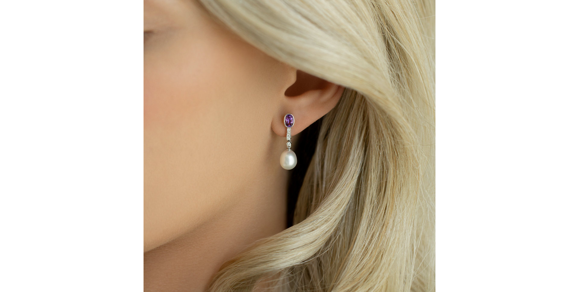 Earrings with Pearl, diamonds and Amethyst Ocean for Nadia