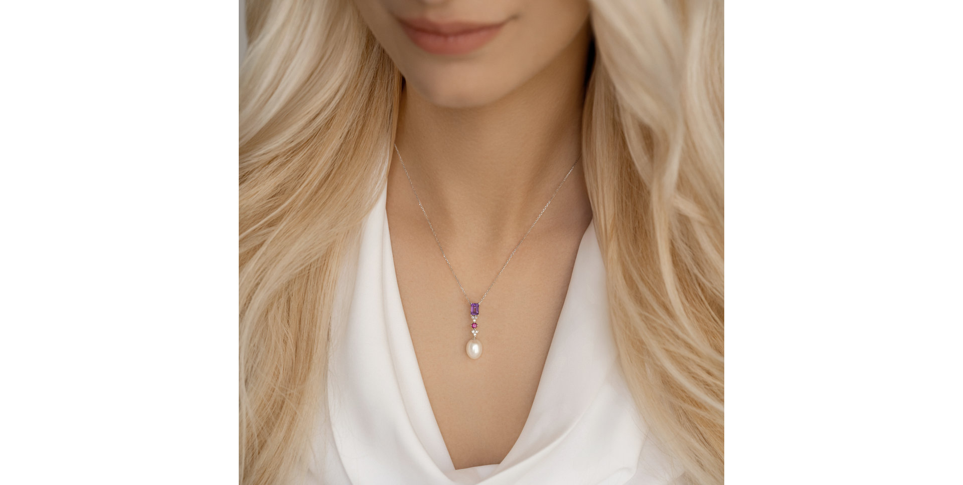 Diamond pendant with Pearl, Rhodolite and Amethyst Princess Joy