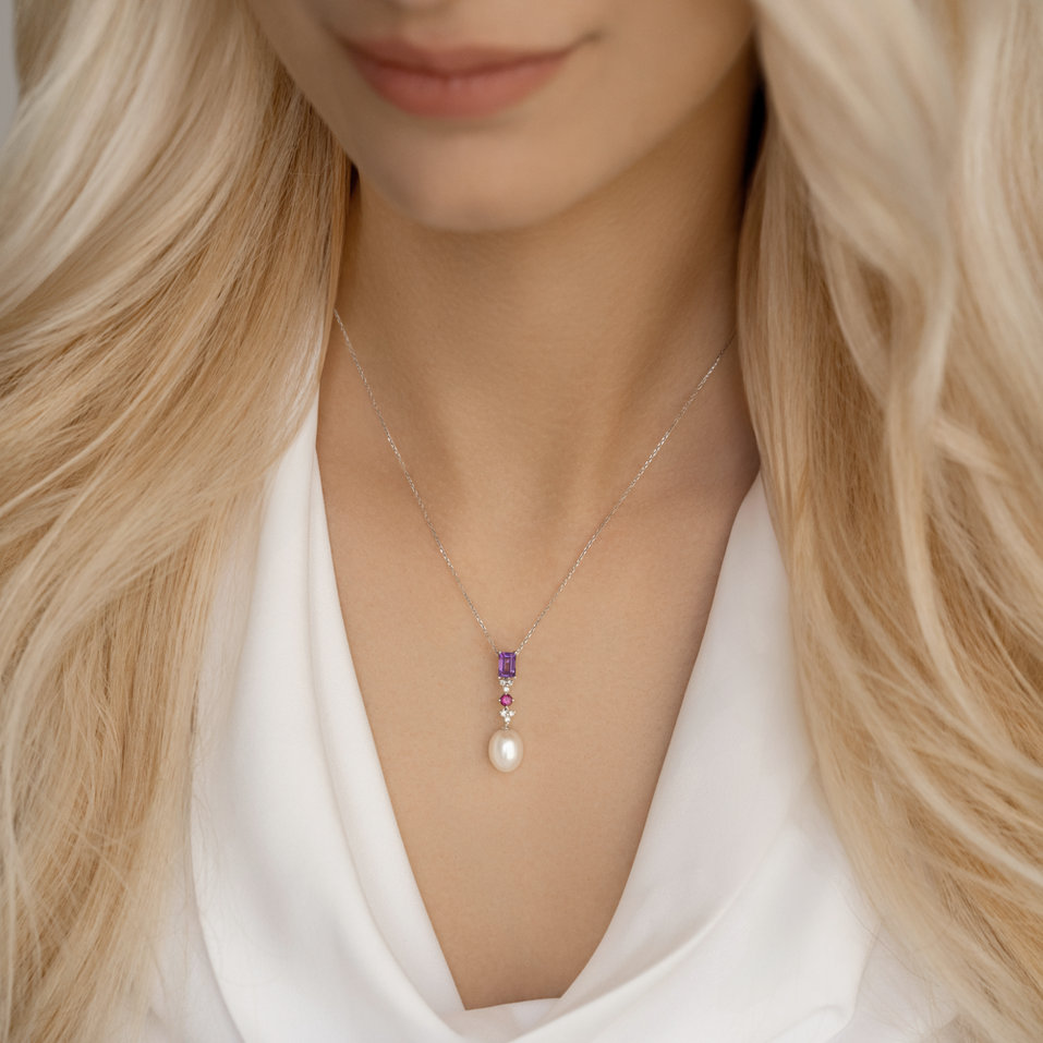 Diamond pendant with Pearl, Rhodolite and Amethyst Princess Joy