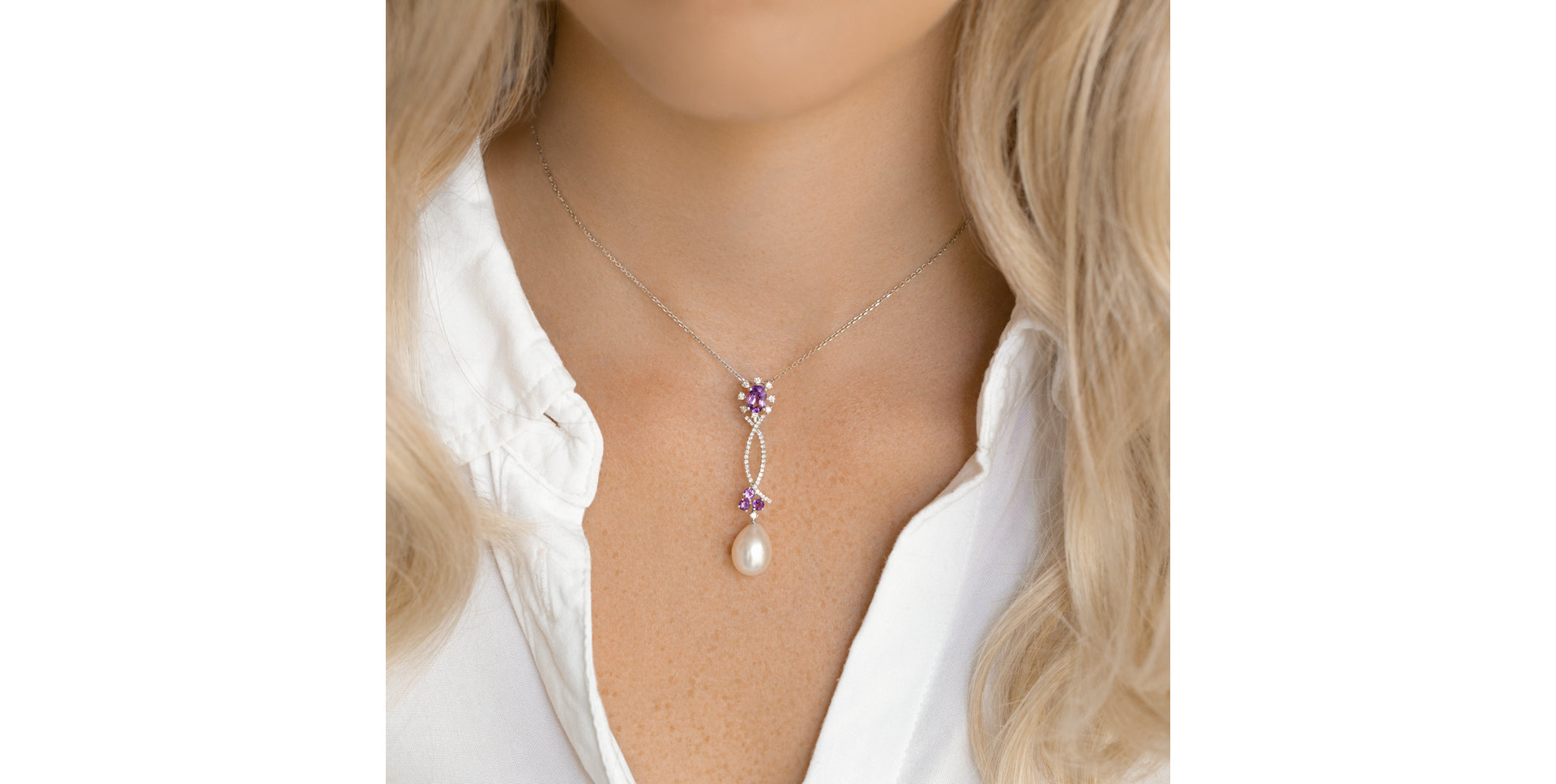 Diamond pendant with Pearl and Amethyst Secret of Underwater Flowers