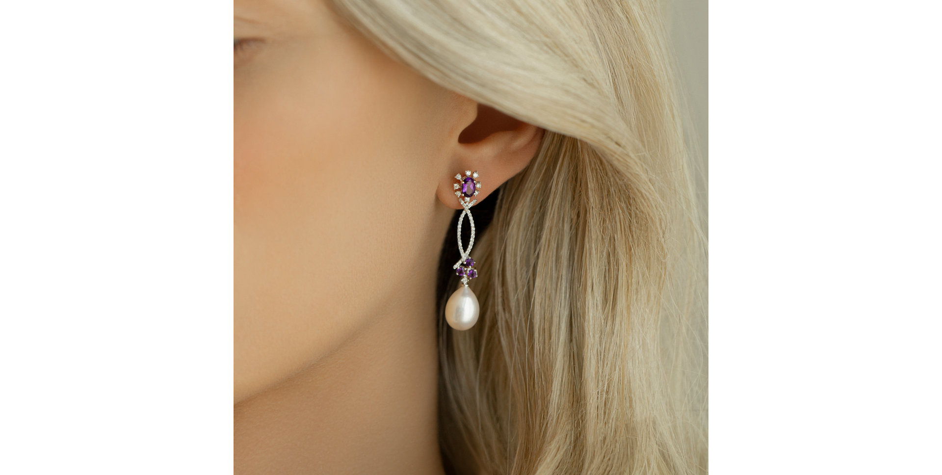 Earrings with Pearl, diamonds and Amethyst Secret of Underwater