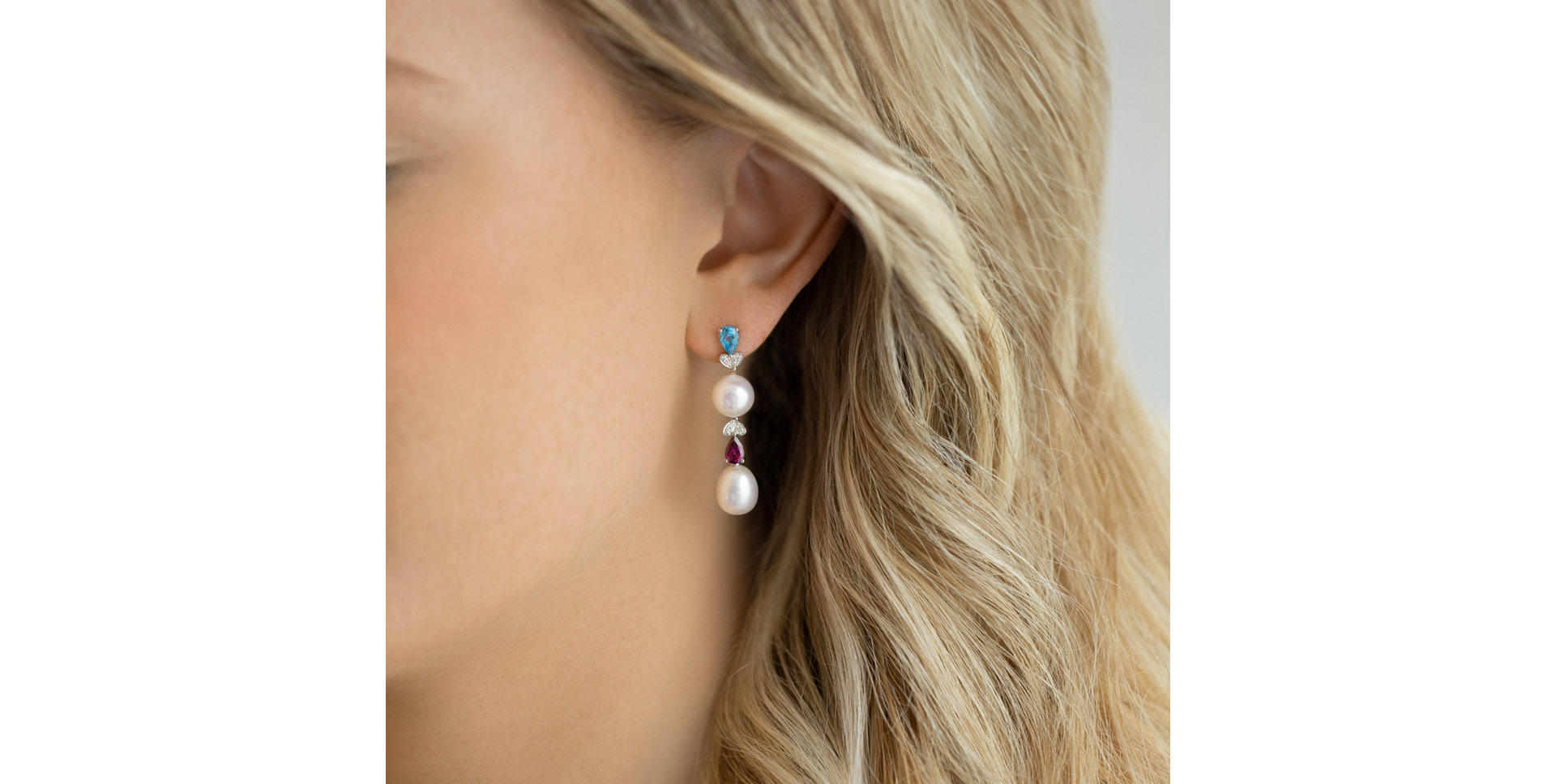 Diamond earrings, white Pearl and gemstones Ocean Love