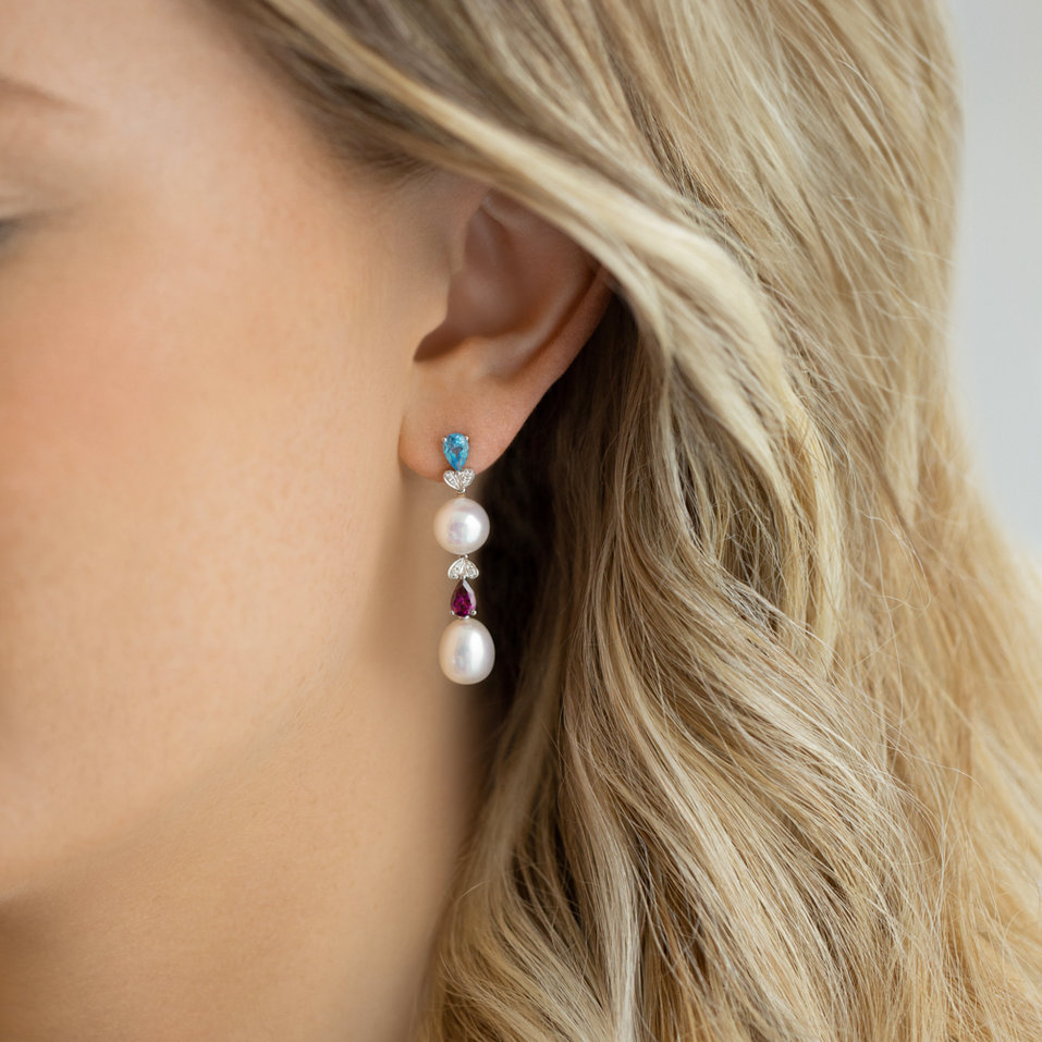 Diamond earrings, white Pearl and gemstones Ocean Love