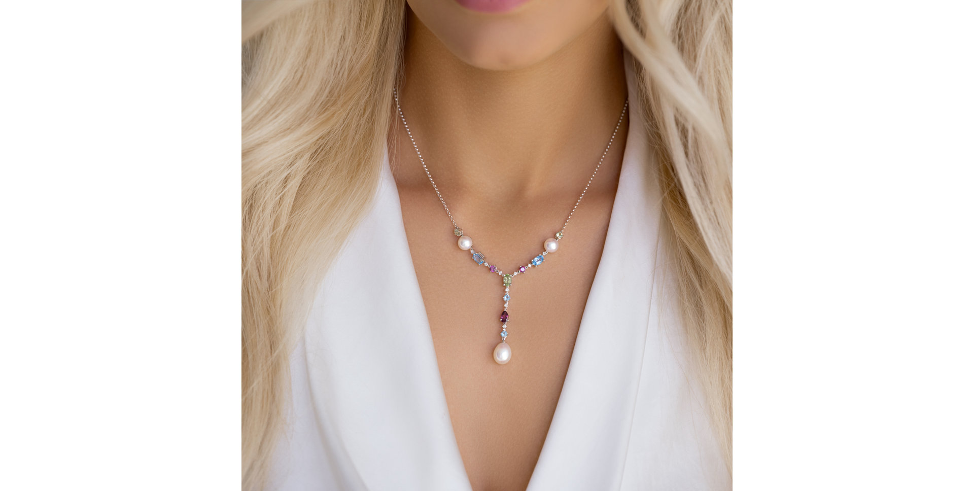Diamond necklace with Pearl and gemstones Rainbow Touch