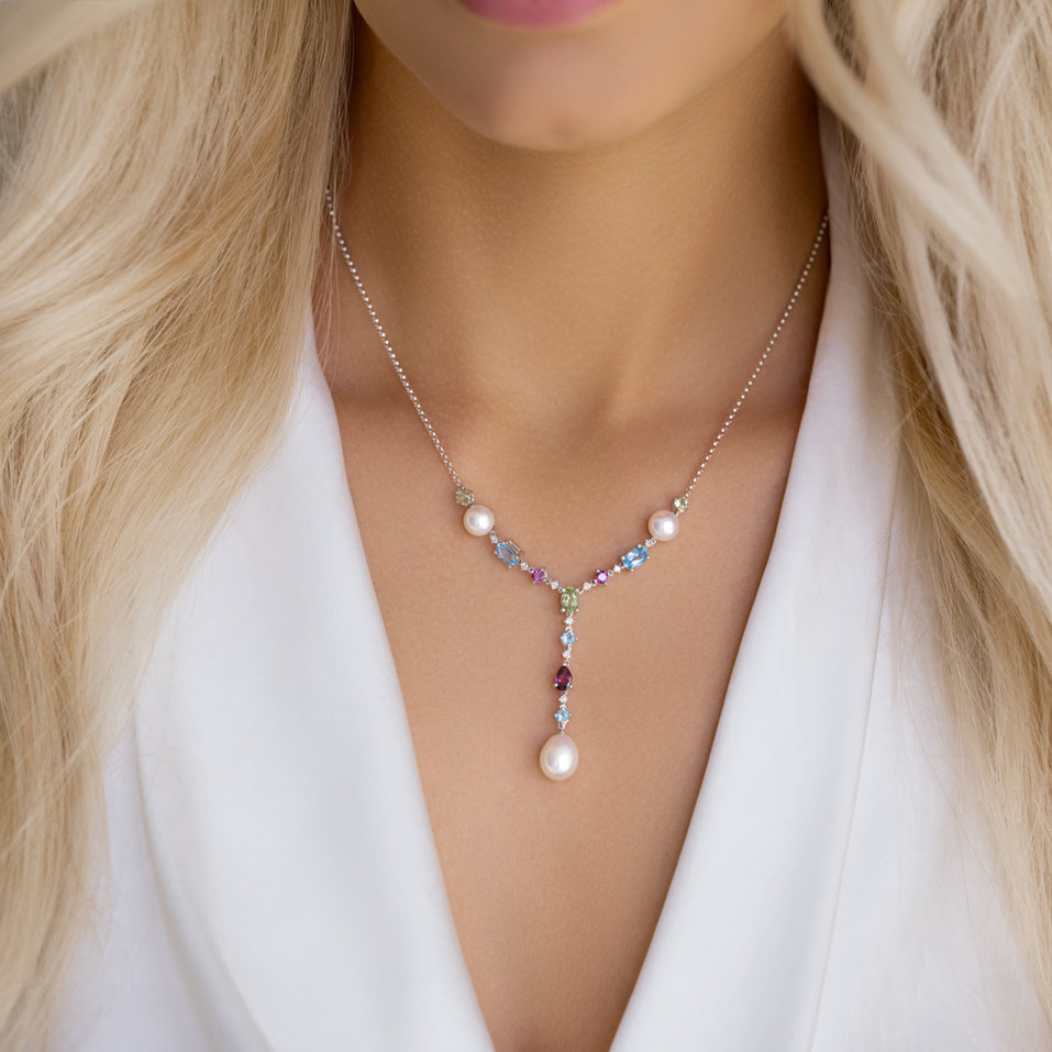Diamond necklace with Pearl and gemstones Rainbow Touch