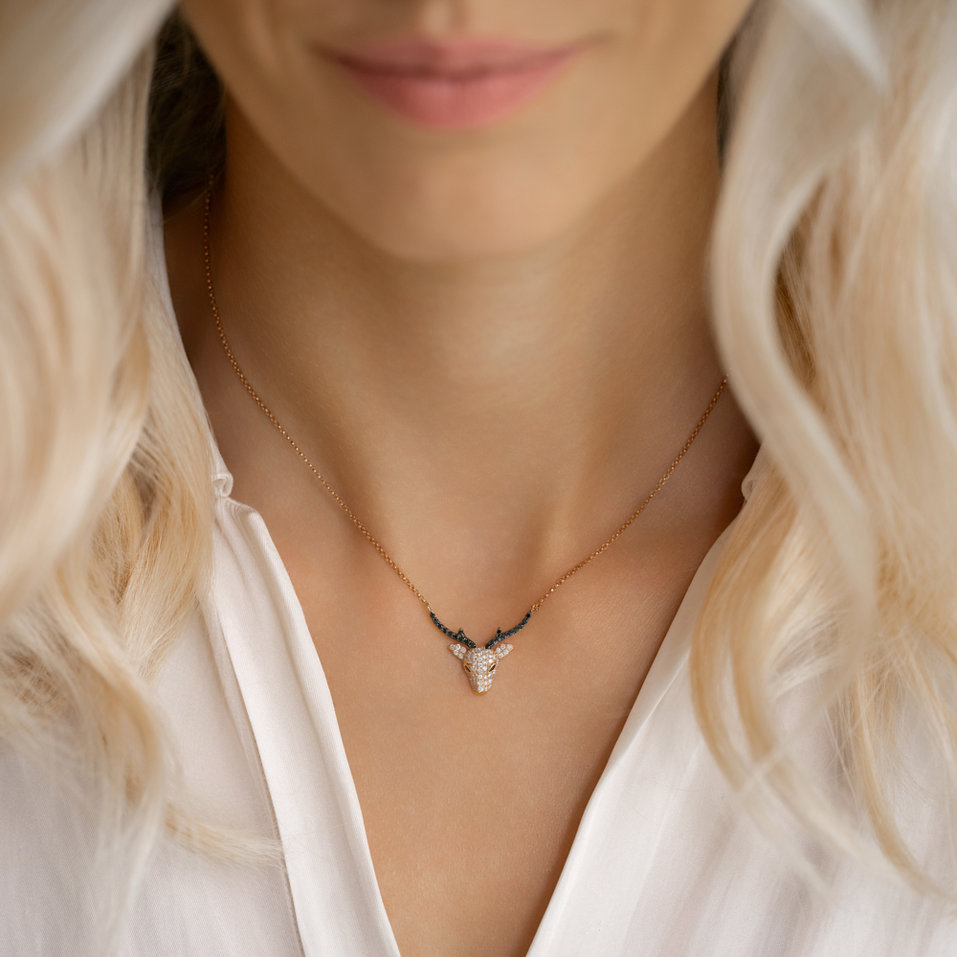 Necklace with black and white diamonds Reindeer Happiness