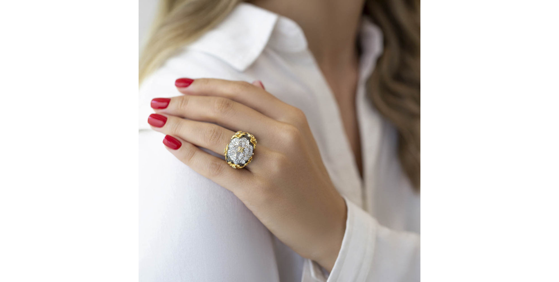 Ring with white, brown and black diamonds Night Magnolia