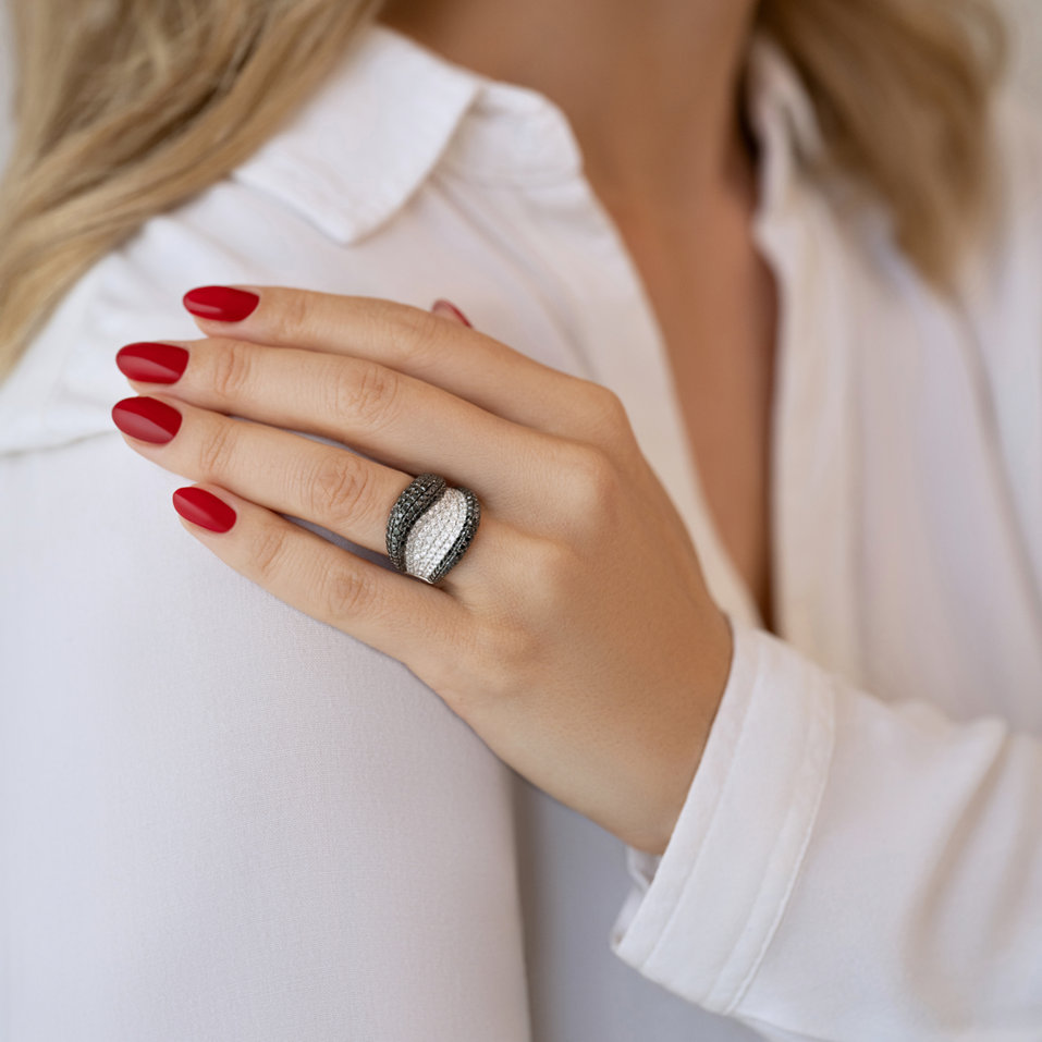 Ring with black and white diamonds Ocean Storm