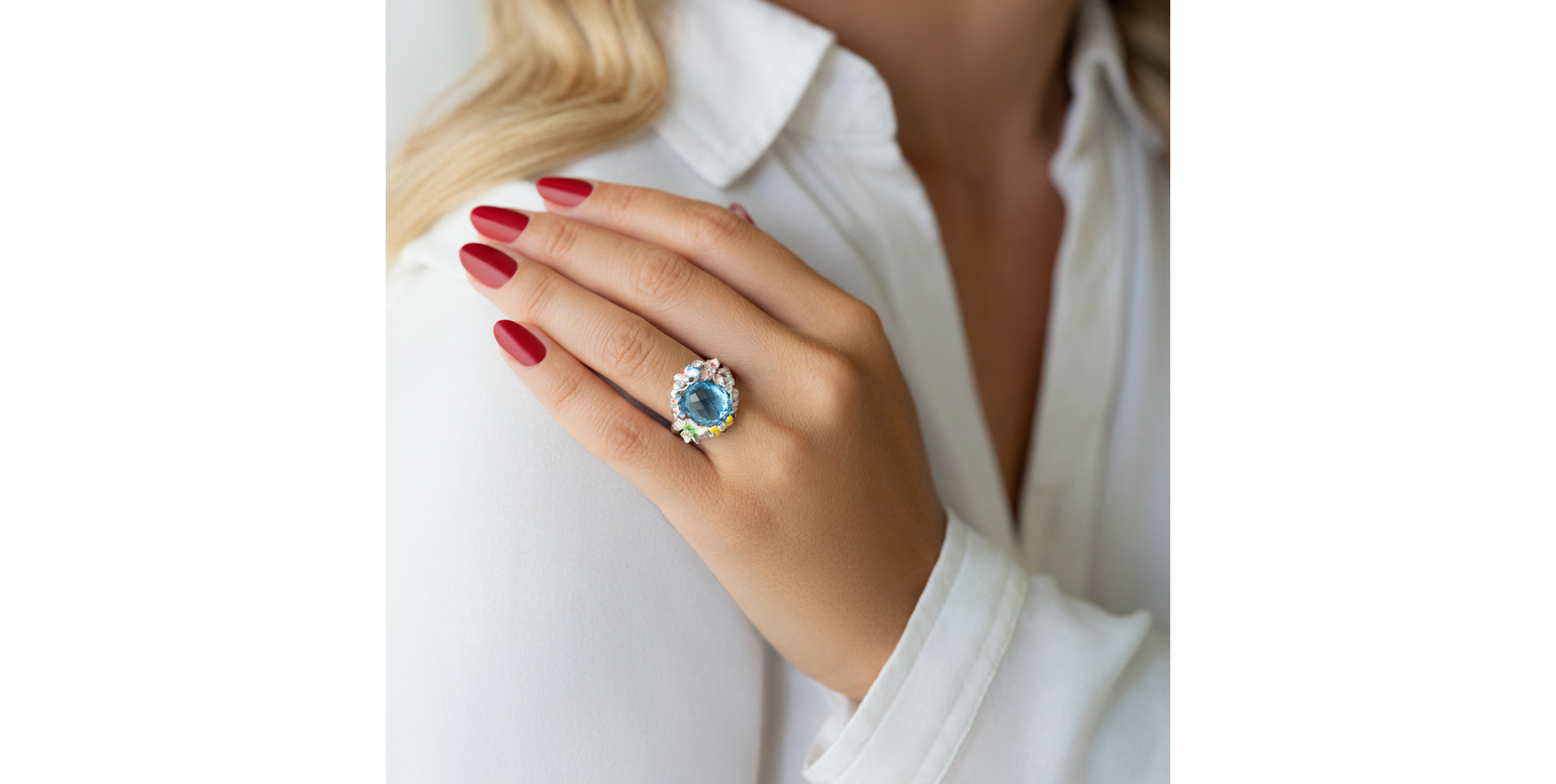 Diamond ring with Topaz and Enamel Flower Liberty