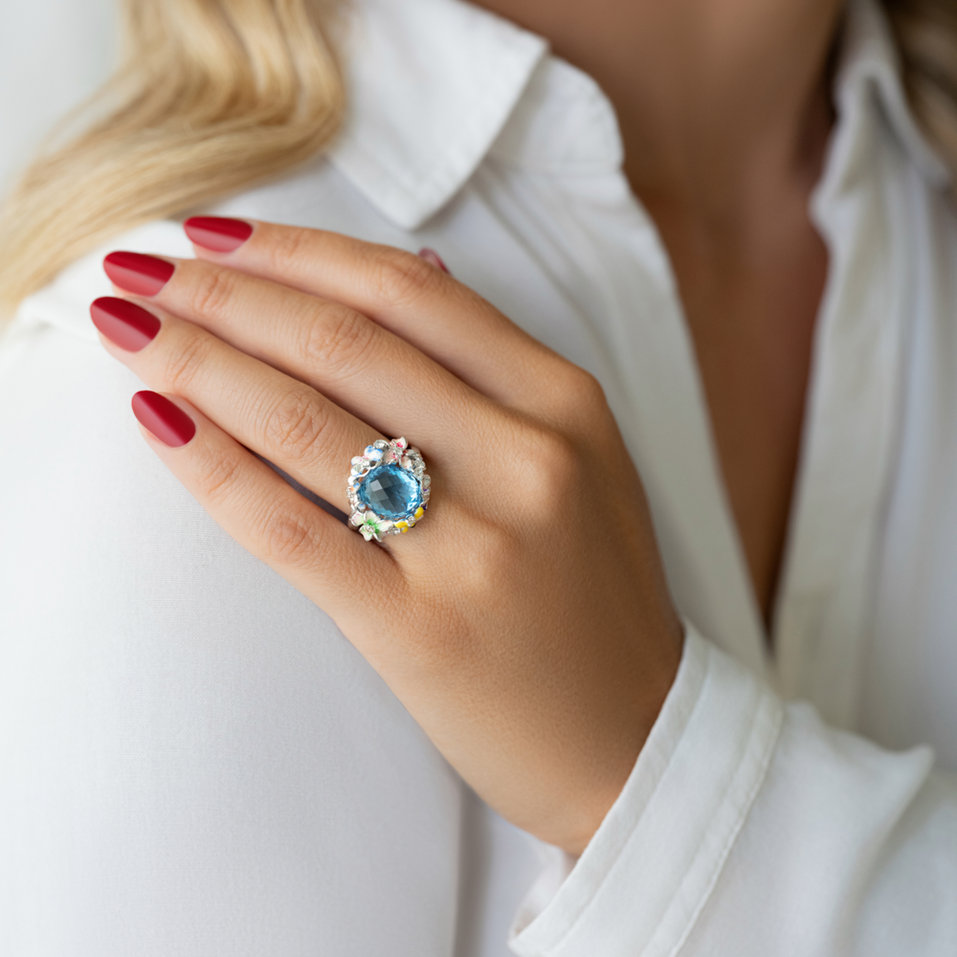 Diamond ring with Topaz and Enamel Flower Liberty