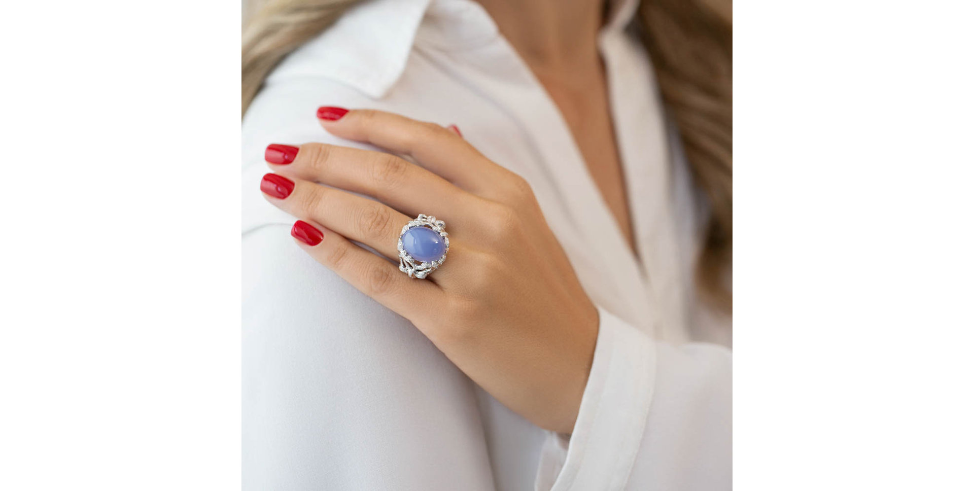Diamond ring with Chalcedony Ocean Symphony