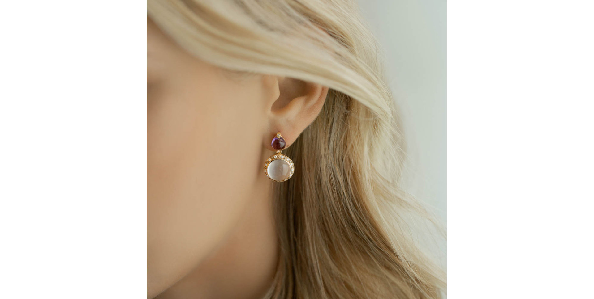 Earrings with brown and white diamonds, Amethyst and Moonstone Monets Garden