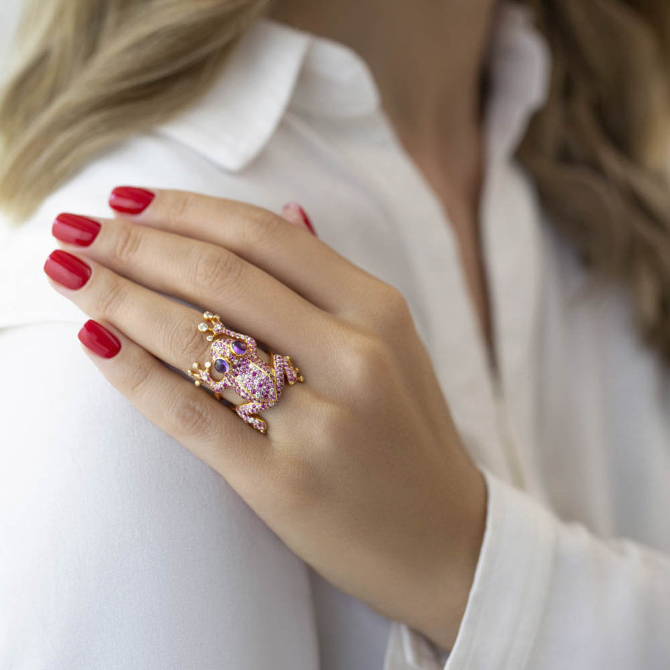 Diamond ring with Sapphire and Amethyst Sapphire Frog