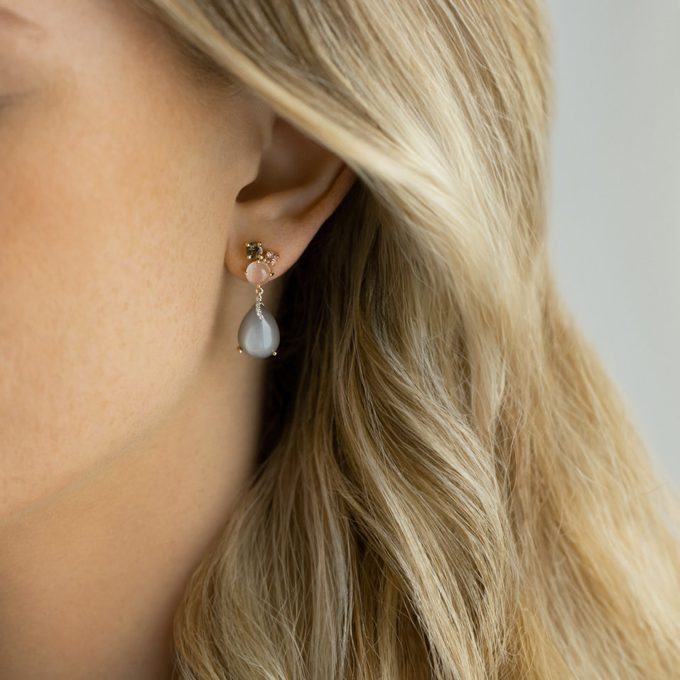 Diamond earrings with Moonstone, Tourmaline and Rose Quartz Alpenglow Rain