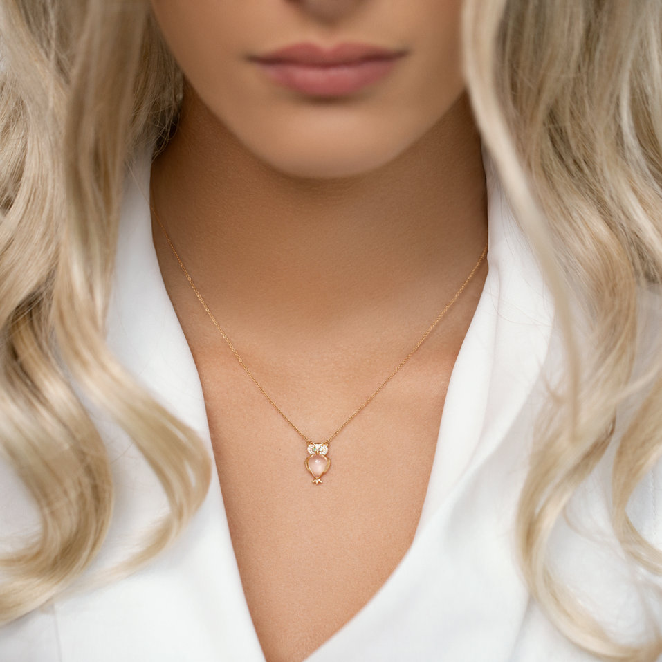 Diamond necklace with Rose Quartz and Garnets Wisdom Owl