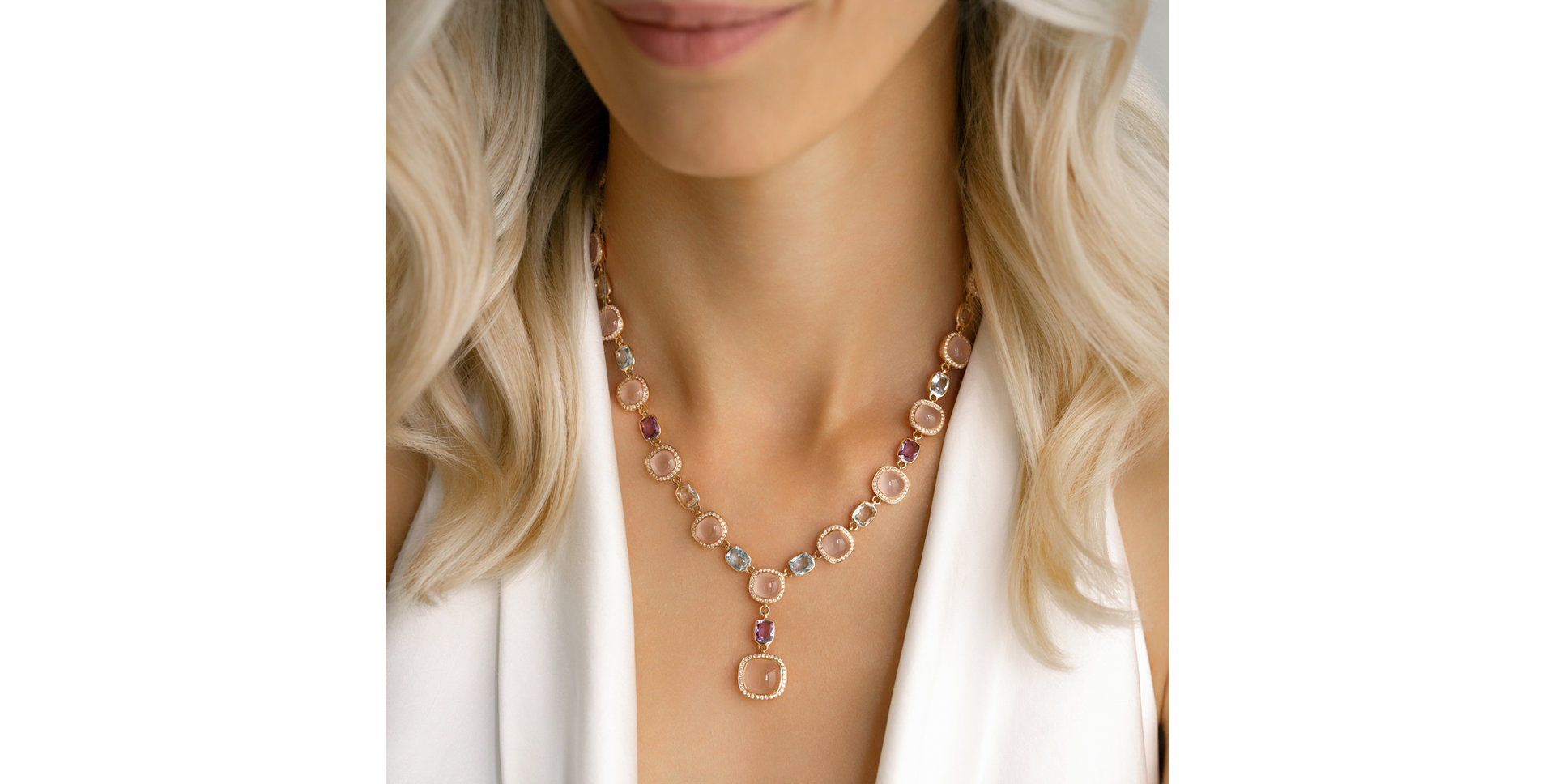 Diamond necklace with Amethyst, Topaz and Rose Quartz Caesarean Magic