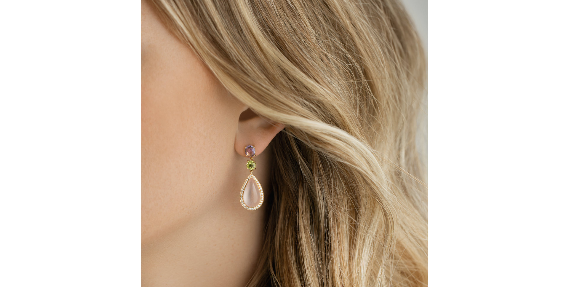 Diamond earrings, Amethyst, Rose Quartz and Peridote Petal of Love