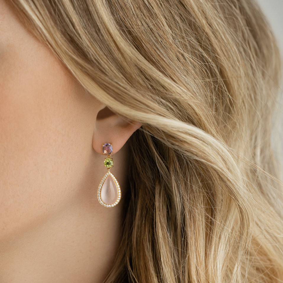 Diamond earrings, Amethyst, Rose Quartz and Peridote Petal of Love