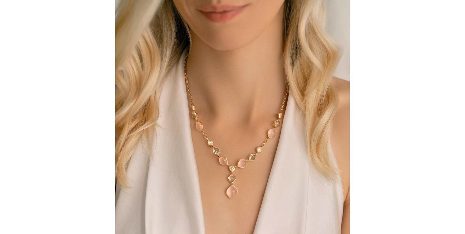 Diamond necklace with Amethyst and Rose Quartz Caesarean Charm