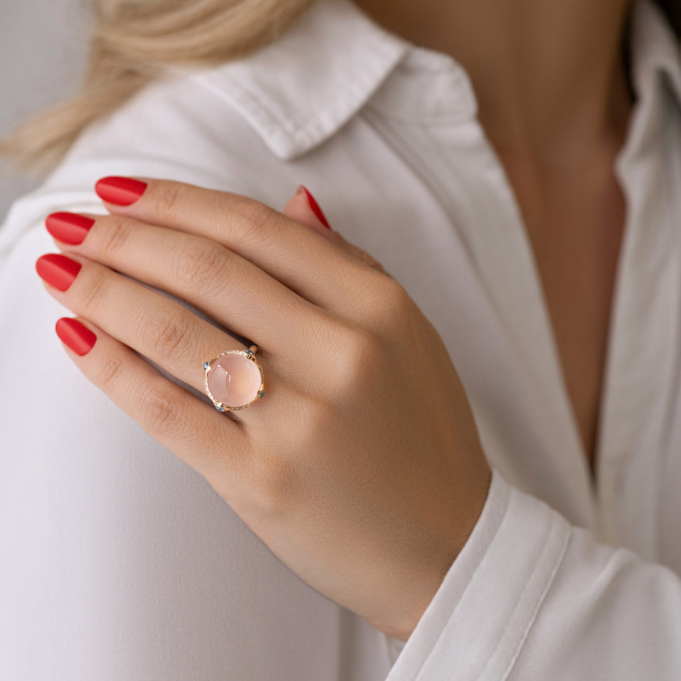 Diamond ring with Topaz and Rose Quartz Proof of Love