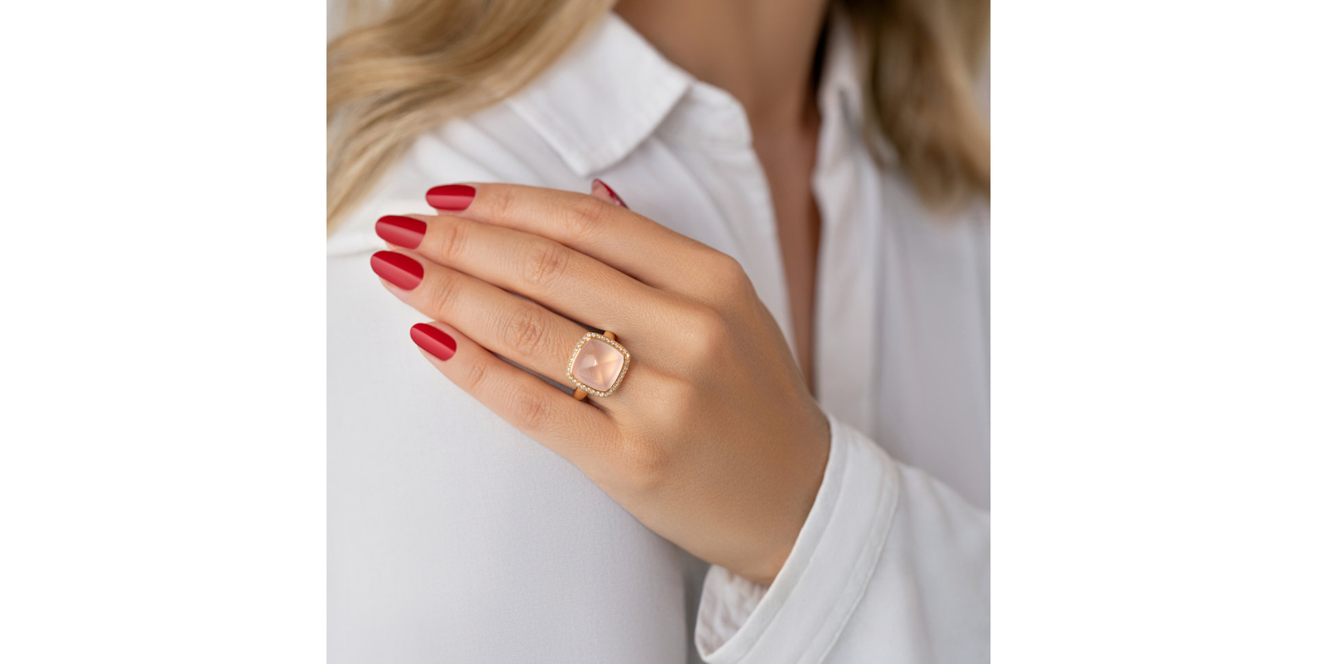 18ct rose gold diamond ring with Rose Quartz Cosmic Mystery