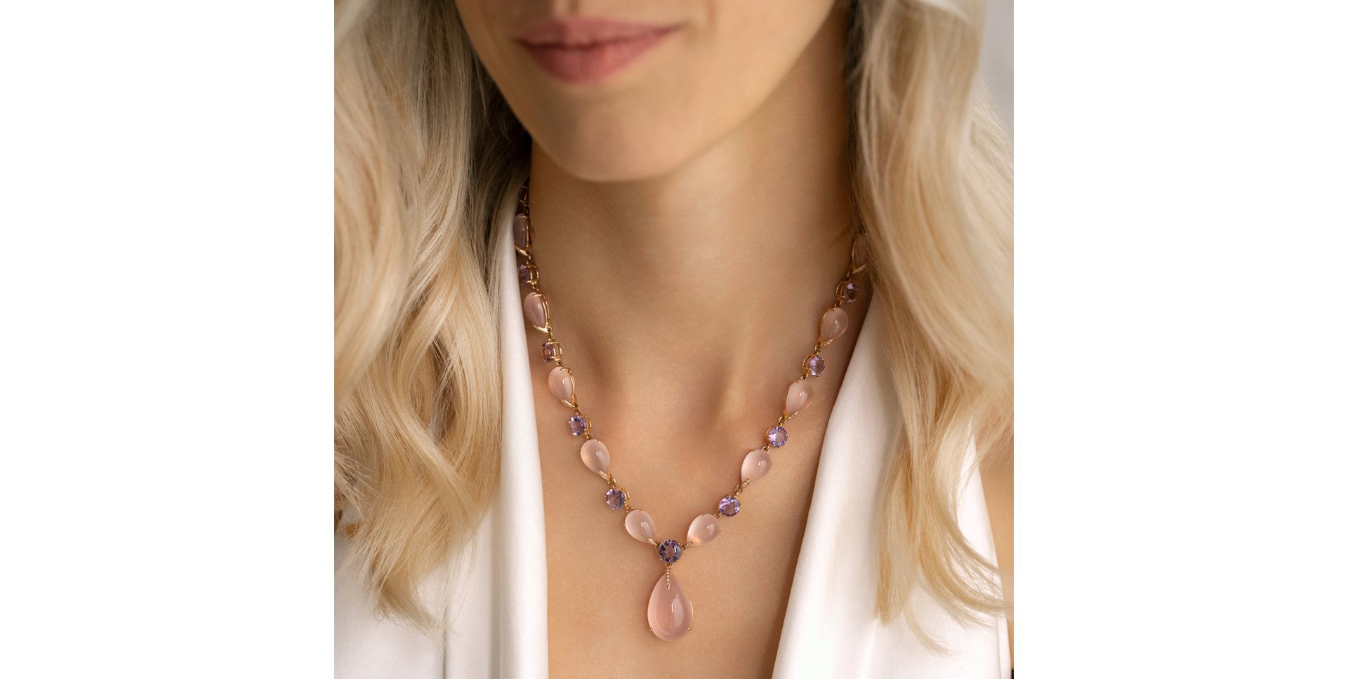 Diamond necklace with Amethyst and Rose Quartz Caesarean Glam