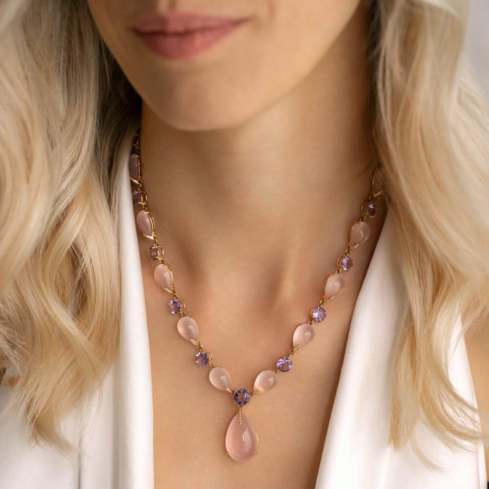 Diamond necklace with Amethyst and Rose Quartz Caesarean Glam