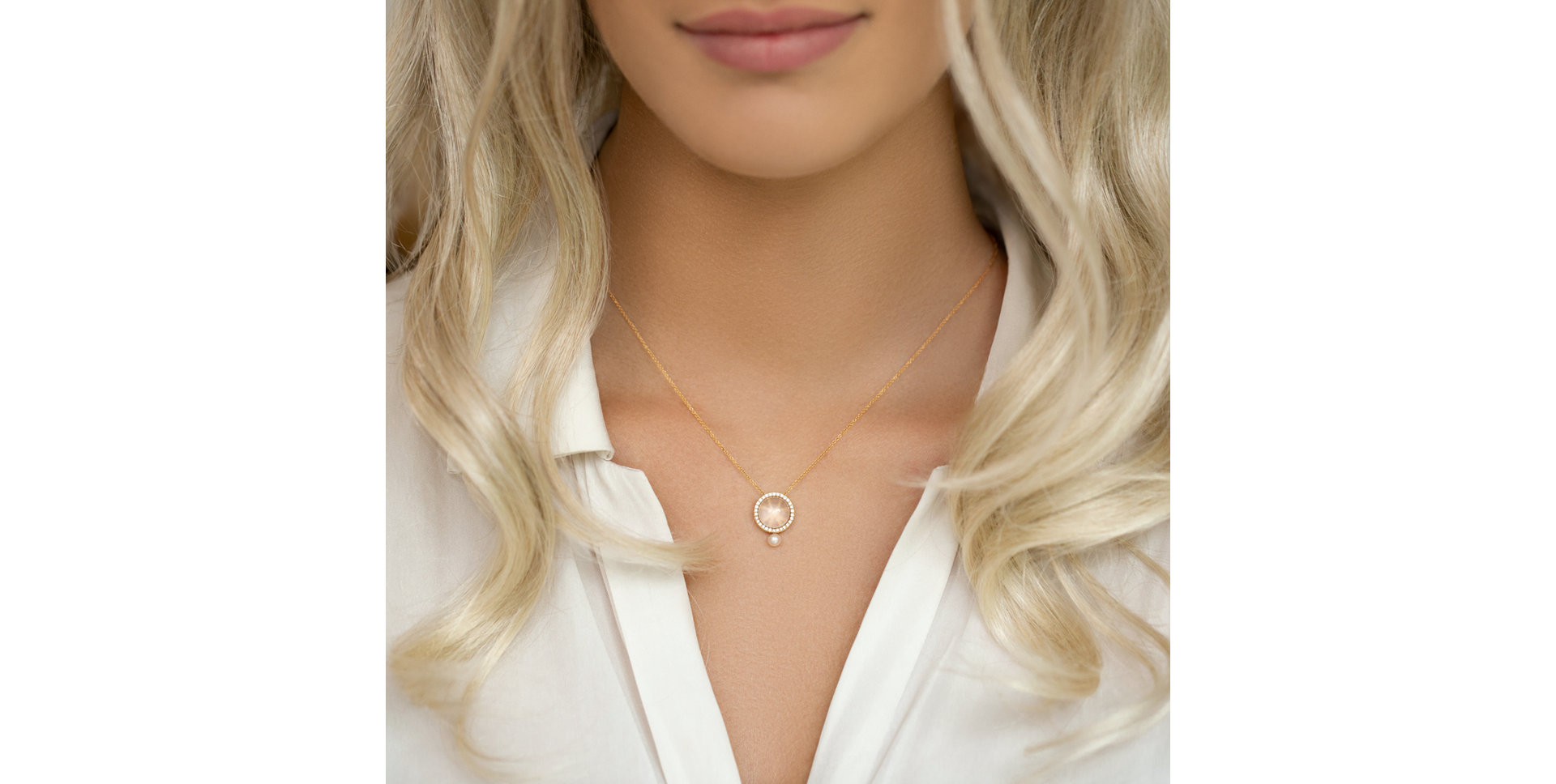 Diamond necklace with Rose Quartz and Pearl Aerwyna