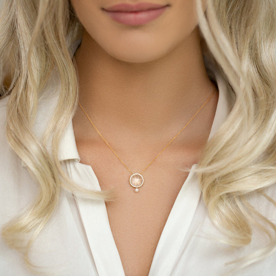 Diamond necklace with Rose Quartz and Pearl Aerwyna