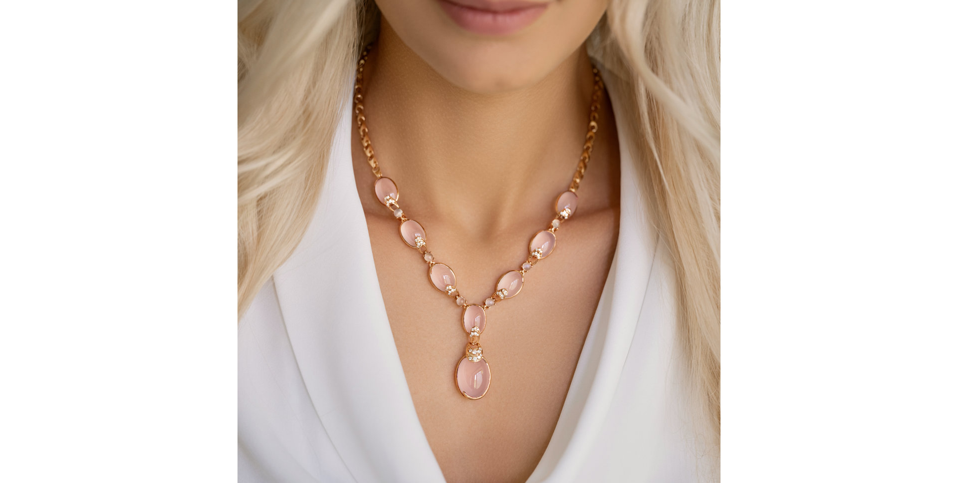 Diamond necklace with Rose Quartz and Quartz Eternal Rainbow