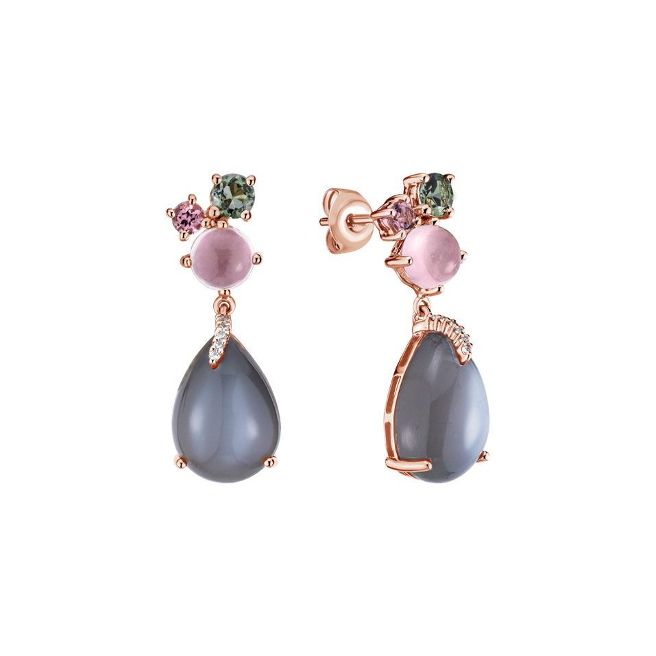 Diamond earrings with Moonstone, Tourmaline and Rose Quartz Alpenglow Rain